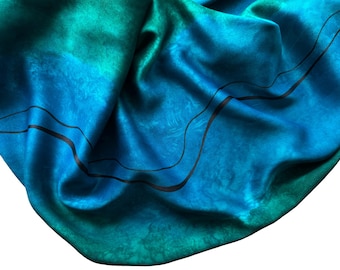 Hand Painted Teal Silk Scarf: Green, Blue, Black Line Design, Large