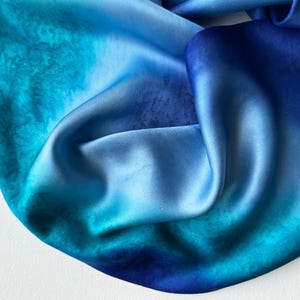 Hand Painted Blue Teal Silk Scarf: Small Silk Charmeuse