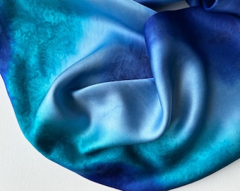 Hand Painted Blue Teal Silk Scarf: Small Silk Charmeuse