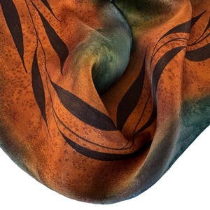 Hand Painted Silk Skinny Scarf: Brown Sienna & Green Leaf Design