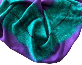 Hand Painted Green Silk Scarf: Purple, Black Line, Medium