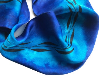 Blue Silk Scarf, Hand Painted Blue Silk Scarf, Silk Scarf, Hand Painted Scarf, Blue Scarf, Turquoise Silk Scarf, Skinny Scarf, Gift For Her