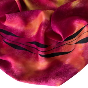 Hand Painted Silk Charmeuse Scarf: Red, Yellow, Black Leaf Design