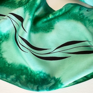 Hand Painted Green Silk Scarf: Small Black Leaf Design