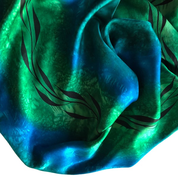 Green Silk Scarf, Hand Painted Green Silk Scarf, Green Scarf, Hand Painted Silk Scarf, Blue Silk Scarf, Large Silk Scarf, Gift For Her