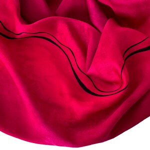 Hand Painted Red Silk Scarf: Large, Magenta, Black Line Design,  Fiber Art