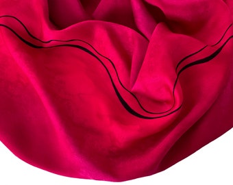 Hand Painted Red Silk Scarf: Large, Magenta, Black Line Design,  Fiber Art