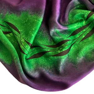 Hand Painted Silk Charmeuse Scarf: Green, Purple, Black Leaf Design
