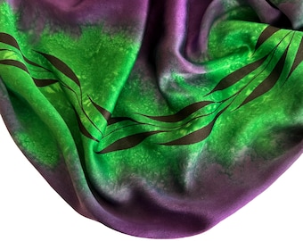 Hand Painted Silk Charmeuse Scarf: Green, Purple, Black Leaf Design