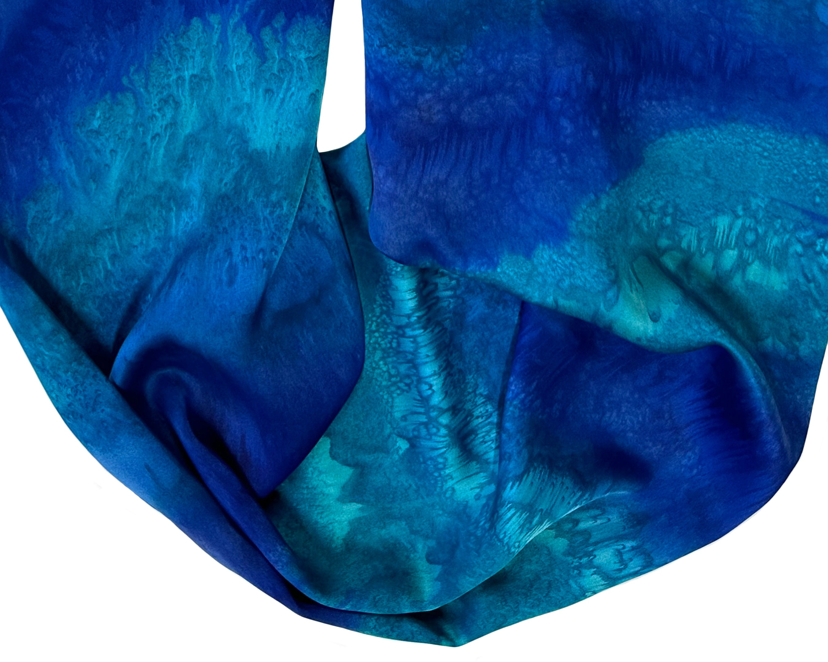 Teal Silk Scarf Hand Painted Teal Silk Scarf Royal Blue Etsy