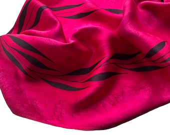 Hand Painted Red Silk Scarf, Magenta, Small, Black Leaf Design