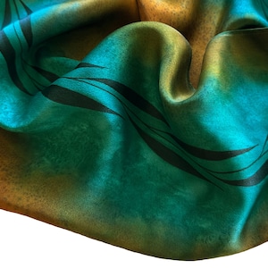Hand Painted Silk Scarf: Green Brown Sienna Black Leaf Design Small