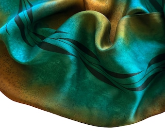 Hand Painted Silk Scarf: Green Brown Sienna Black Leaf Design Small