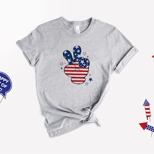 Patriotic peace sign t-shirt – red white and blue American flag hand graphic tee with stars, perfect for 4th of July, summer, or festivals