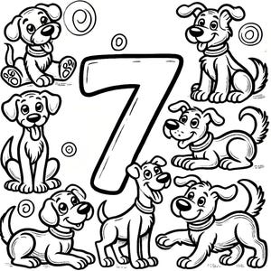 Könnte beinhalten: Schwarzweißillustration der Zahl sieben, umgeben von sieben Cartoon-Hunden. Die Hunde sind in verschiedenen Posen, einschließlich Sitzen, Stehen und Liegen.