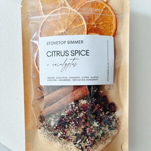 Citrus spice stovetop potpourri bag on countertop with dried orange garnish