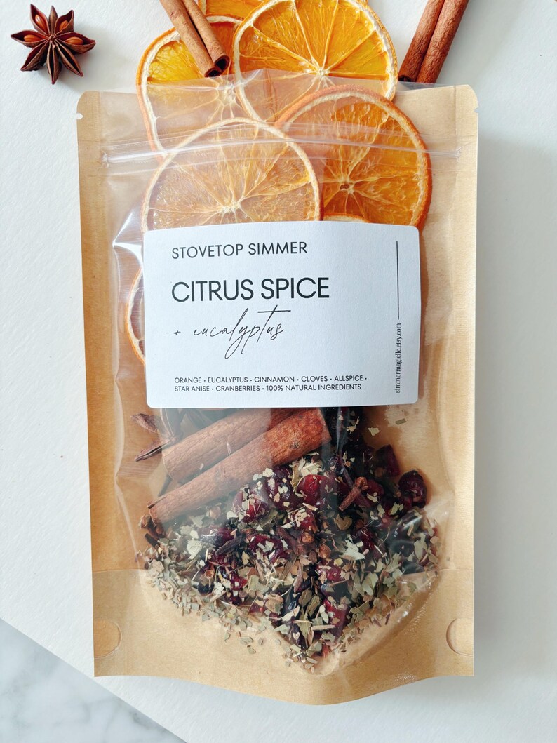 Citrus spice stovetop potpourri bag on countertop with dried orange garnish