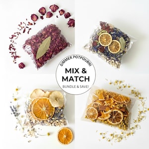 May include: Four clear bags of simmer potpourri mixes, each with different dried ingredients. One bag has rose petals, another has dried citrus slices, and the others have various herbs and flowers. The image includes the text "Mix & Match Bundle & Save!"
