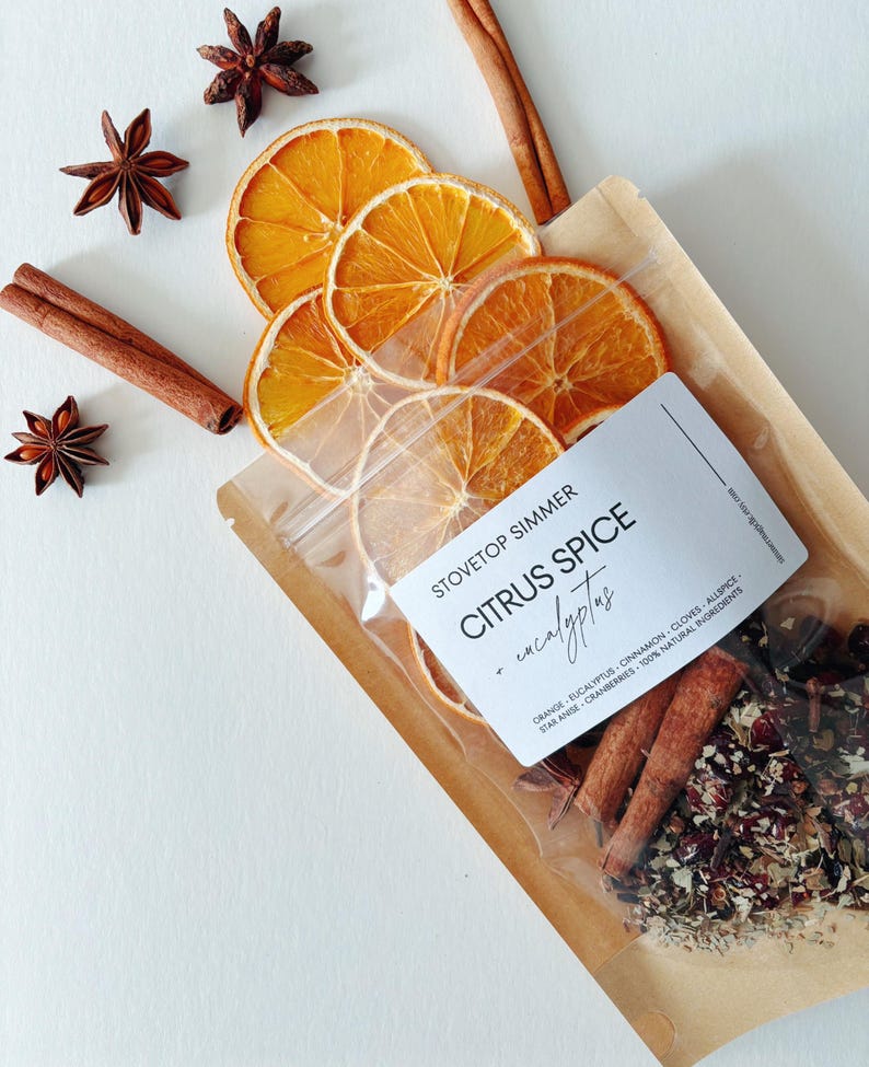 Overhead shot of citrus spice eucalyptus simmer pot with dried oranges and cinnamon sticks