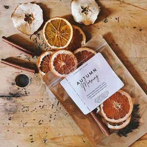 May include: A brown paper bag with a white label that reads "Michigan Crafted" and "Simmer Pot Blend" with the text "Autumn Morning" in a script font. The label also includes the text "Refreshing apple infused with cinnamon, orange, warm clove, and cozy pumpkin spice." The bag contains dried orange slices, apple slices, cinnamon sticks, and other spices.