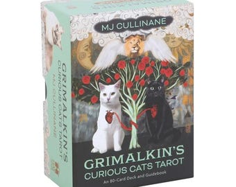 May include: A tarot card deck titled "Grimalkin's Curious Cats Tarot" featuring a white and black cat with a heart design. The box is light green with the author's name, MJ Cullinane, and includes an 80-card deck and guidebook.