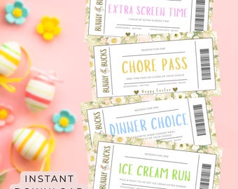 Printable Easter Coupons Book, Bunny Bucks, Easter Printable Gift, Cute Easter Gift for kids, Last Minute Editable Easter Basket Fillers