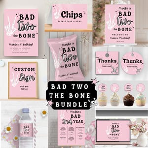 Editable Pink Bad TWO The Bone Birthday Invitation Bundle, Girl Minimalist Black and White Skeleton Peace Hand, 2nd Birthday Halloween