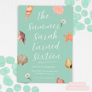 The Summer I Turned Pretty Birthday Invitation, Beach Theme Invite, Editable Summer Party Invitation, Coastal Seashell Teen Girl Birthday