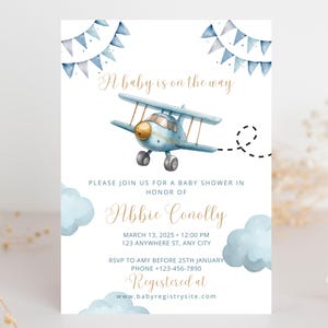 Blue Airplane Baby Shower Invitation | Editable Vintage Travel Baby Shower Invite Template | Up Up and Away Airplane Baby Shower Evite
