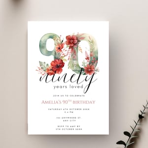 Floral 90 Years Loved Birthday Invitation Template, Wildflower 90th Birthday Invitation Women, Elegant 90th Invite, Watercolor Ninety Invite