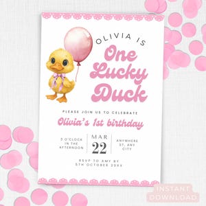 Editable One Lucky Duck Birthday Invitation Template First Birthday Ideas For Girl Duck Birthday Invite Pink Duck Theme Birthday Party