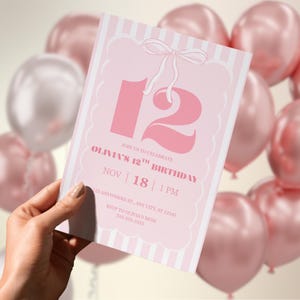Coquette Pink 12th Birthday Invitation Girl Pink Bow Mobile 12th Birthday Invite Fancy Birthday Invitations Twelfth Sleepover Invitation