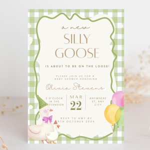Silly Goose Baby Shower Invitation Mother Goose and Gosling Baby Shower Invite Editable Gender Neutral Baby Shower Evite Template Gingham