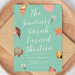 The Summer I Turned Pretty Birthday Invitation, Beach Theme Invite, Editable Summer Party Invitation, Coastal Seashell Teen Girl Birthday