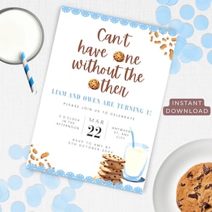 Twins First Birthday Cookie And Milk, Can&#39;t Have One Without The Other Invitation, Twin Boys 1st Party Invite Sweet One Birthday Theme