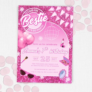 Bearbeitbare Rosa Modepuppe Geburtstagsfeier-Einladung Mädchen süße Puppe Glitzer Thema einladen Let&#39;s Go Party Bestie Sleepover Evite