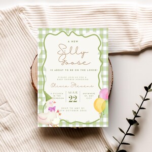 Silly Goose Baby Shower Invitation Mother Goose and Gosling Baby Shower Invite Editable Gender Neutral Baby Shower Evite Template Gingham