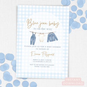 Blue Jean Baby Shower Invitation for Boys, Denim Diamond Blue Jeans Baby on the Way, Boy Denim Shower Theme Baby Shower Invite Template
