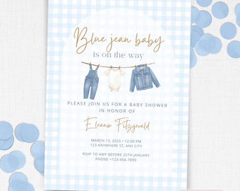Blue Jean Baby Shower Invitation for Boys, Denim Diamond Blue Jeans Baby on the Way, Boy Denim Shower Theme Baby Shower Invite Template