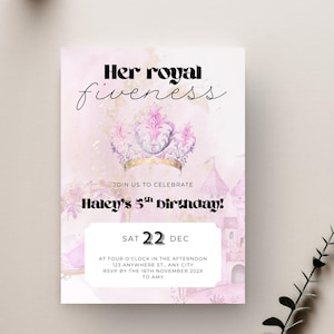 Invitation d'anniversaire princesse royale de 5e anniversaire princesse 5e anniversaire modifiable d'invitation princesse filles modèle château de la couronne