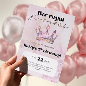 Invitation d'anniversaire princesse royale de 5e anniversaire princesse 5e anniversaire modifiable d'invitation princesse filles modèle château de la couronne