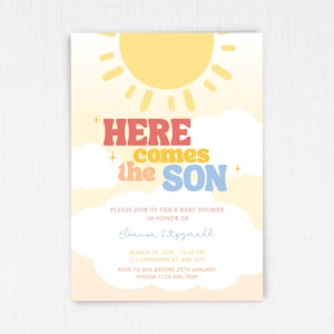 Here Comes the Son Baby Shower Invitation, Editable Sunshine Baby Shower Invite, Boy Sonshine Baby Shower, Boho Sunshine Shower