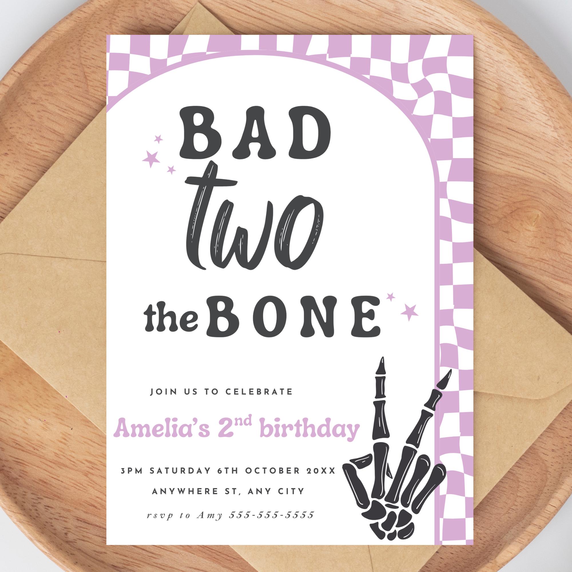 Editable Girl Bad TWO The Bone Birthday Invitation, Minimalist Black and White Skeleton Peace Hand, Purple 2nd Birthday Halloween