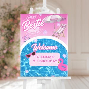 Rosa Puppe Pool-Geburtstag-Sommer-Einladung, Pastell rosa Puppe, Blumen-Mädchen-Mode, Blau Let&#39;s Go Party, Kid Party Editierbare Vorlage
