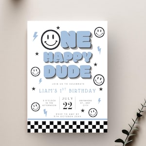 One Happy Dude Invitation Template, Printable 1st Birthday Invitation, Editable 1st Birthday Boy Invite, One Cool Dude Blue Smiley Face