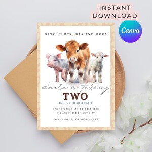Sjabloon uitnodiging boerderij tweede verjaardag, koeien, varkens, schapen, bewerkbare sjabloon, instant download, schuurdieren, minimalistische uitnodiging