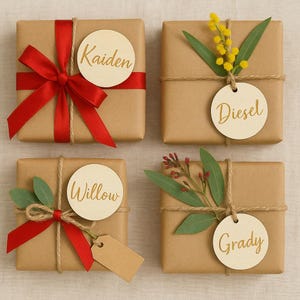 Personalised Name Gift Tag Set – Set of 5 Wooden Tags | 6cm Round | Custom Engraved Gift Labels