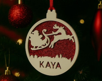Personalised Santa Sleigh Christmas Bauble | Custom Name Ornament | Acrylic Glitter Xmas Decoration | Holiday Tree Keepsake