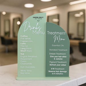 Benutzerdefiniertes Dual Arch Salon-Menü-Schild | Personalisierte Getränke & Behandlung Menü | Thekenaufsteller aus Acryl für Friseur- und Kosmetiksalons
