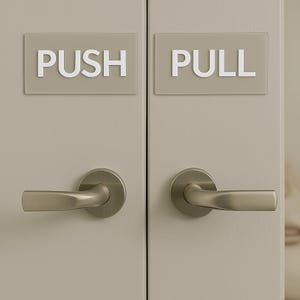Puede incluir: Dos puertas de color beige claro con manijas de metal cepillado. Cada puerta tiene un letrero rectangular con las palabras "PUSH" y "PULL" en letras blancas. Las manijas son curvas y están colocadas horizontalmente.